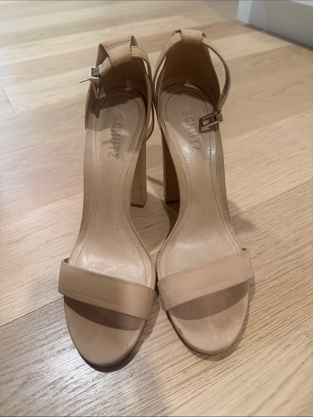 SCHUTZ Enida Beige Suede Block Heel Sandals with Ankle Strap